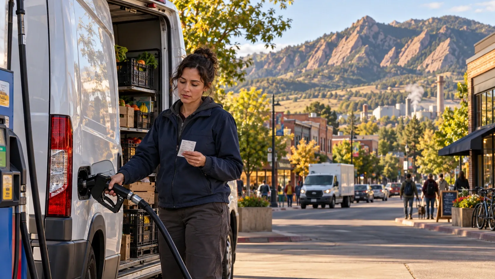 Conceptual illustration of a Colorado delivery driver refueling a grocery van, connecting fuel dependence with the everyday economic stakes of climate litigation.