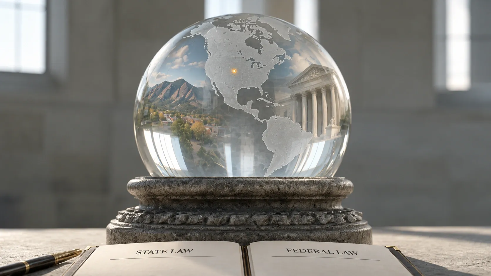 Conceptual illustration: Boulder’s Flatirons and Supreme Court columns reflected in a glass globe above a book contrasting state and federal law.
