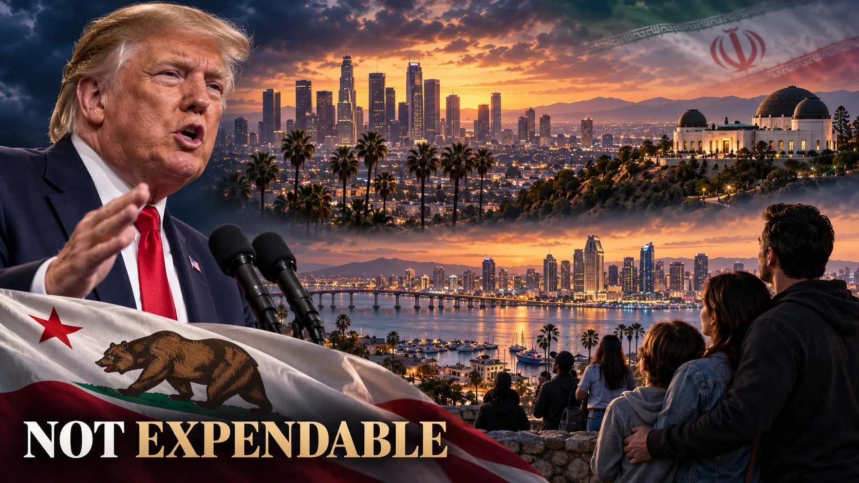 Editorial montage of Trump, Los Angeles and San Diego, California residents and the state flag, with the message ‘Not expendable’.