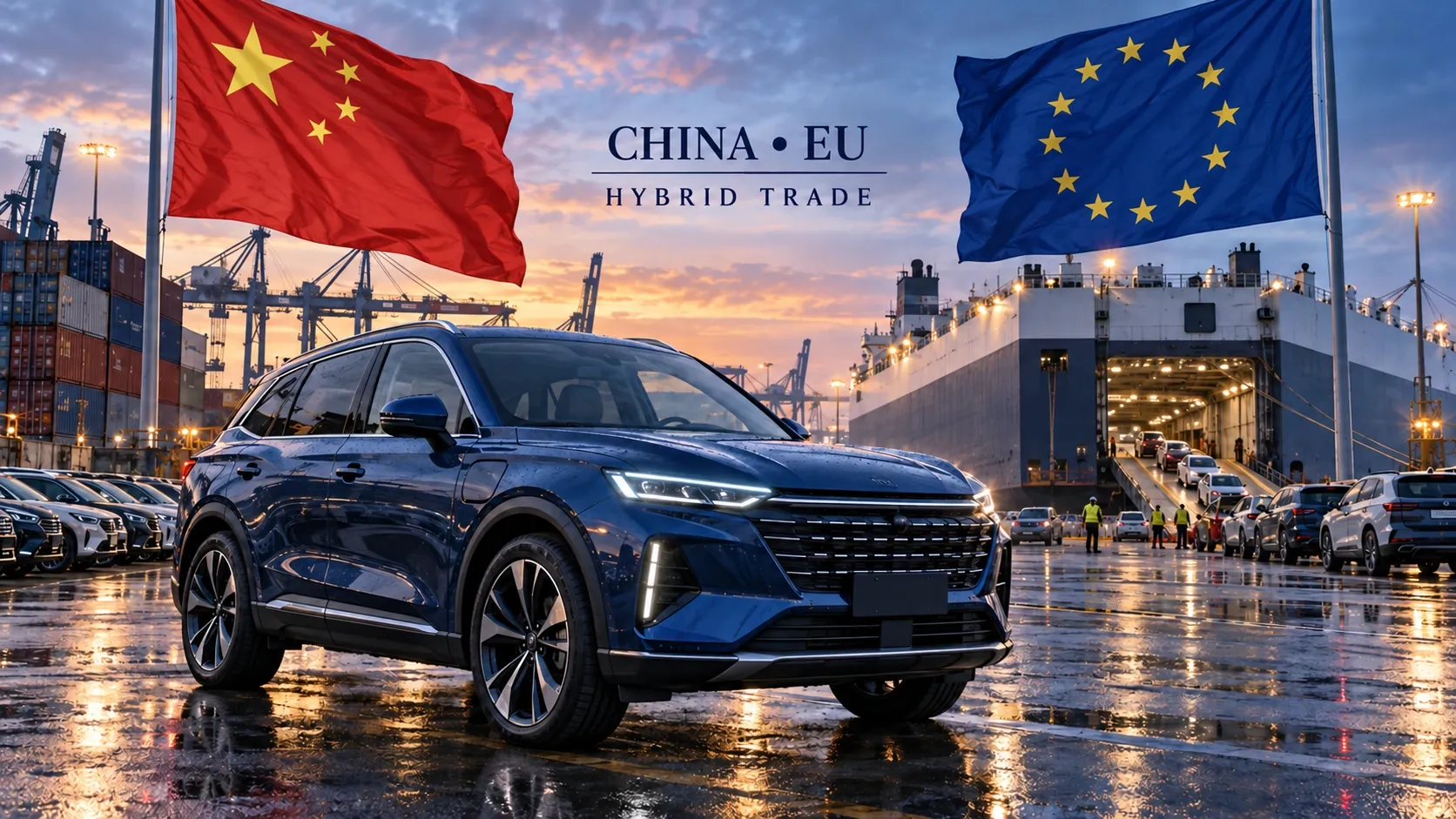 Conceptual illustration: A plug-in-hybrid SUV, vehicle shipments and China–EU flags frame their preliminary understanding on hybrid-vehicle trade.