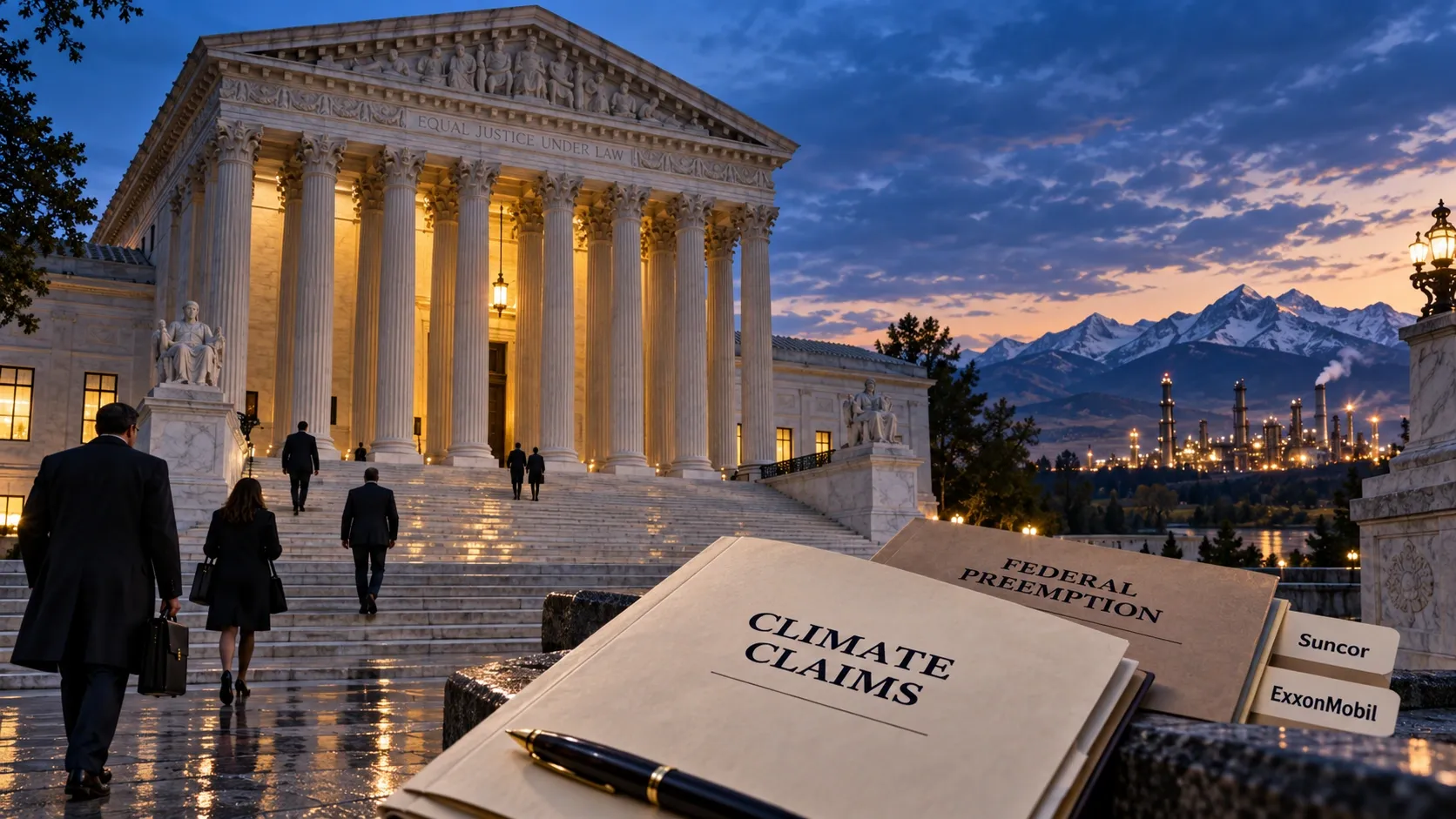 Conceptual editorial illustration connecting the Supreme Court, Boulder’s climate-damage claims, federal preemption and the energy-company dispute.