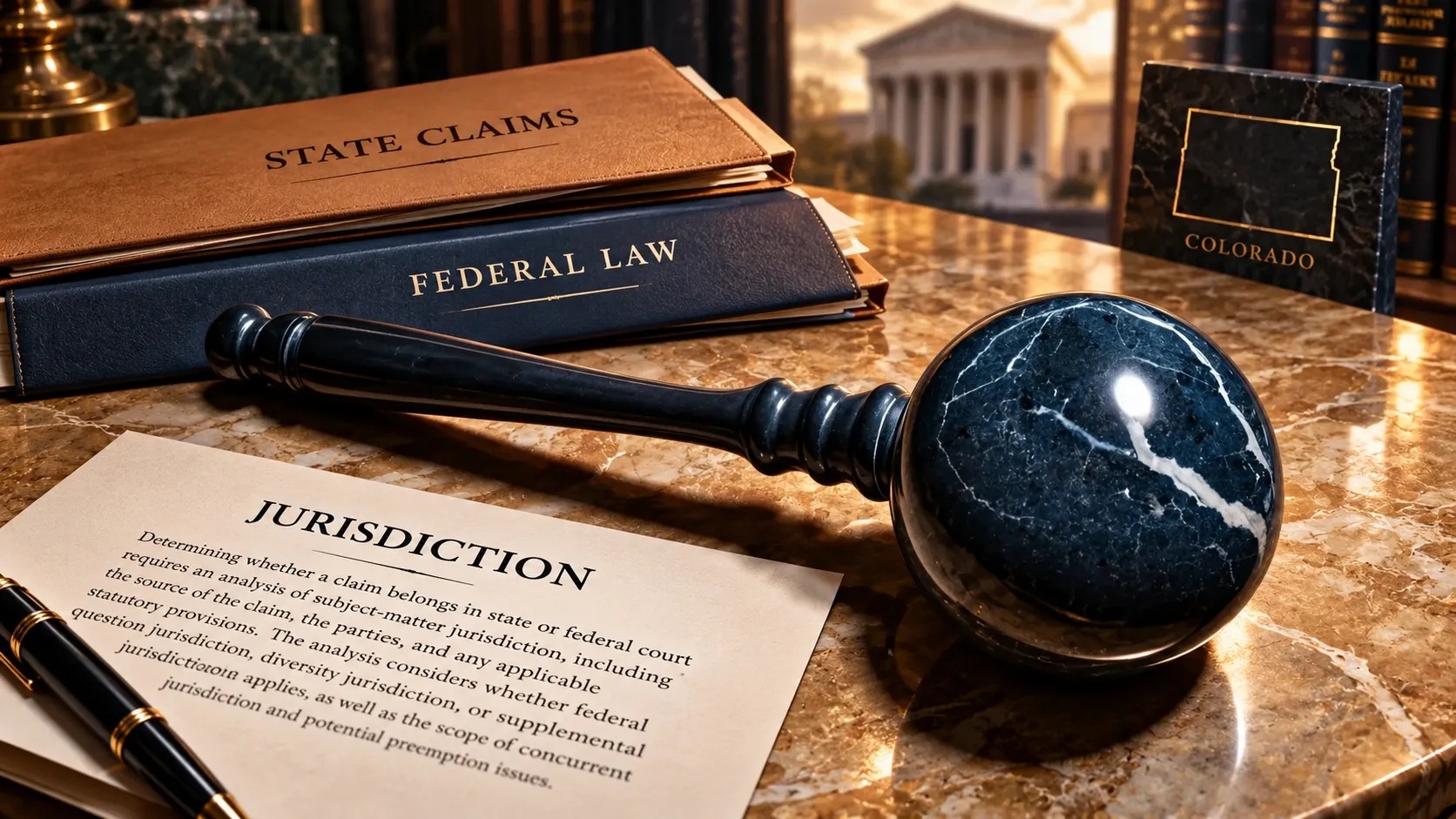 Editorial legal metaphor connecting the original dark-marble object to state claims, federal law and jurisdiction.