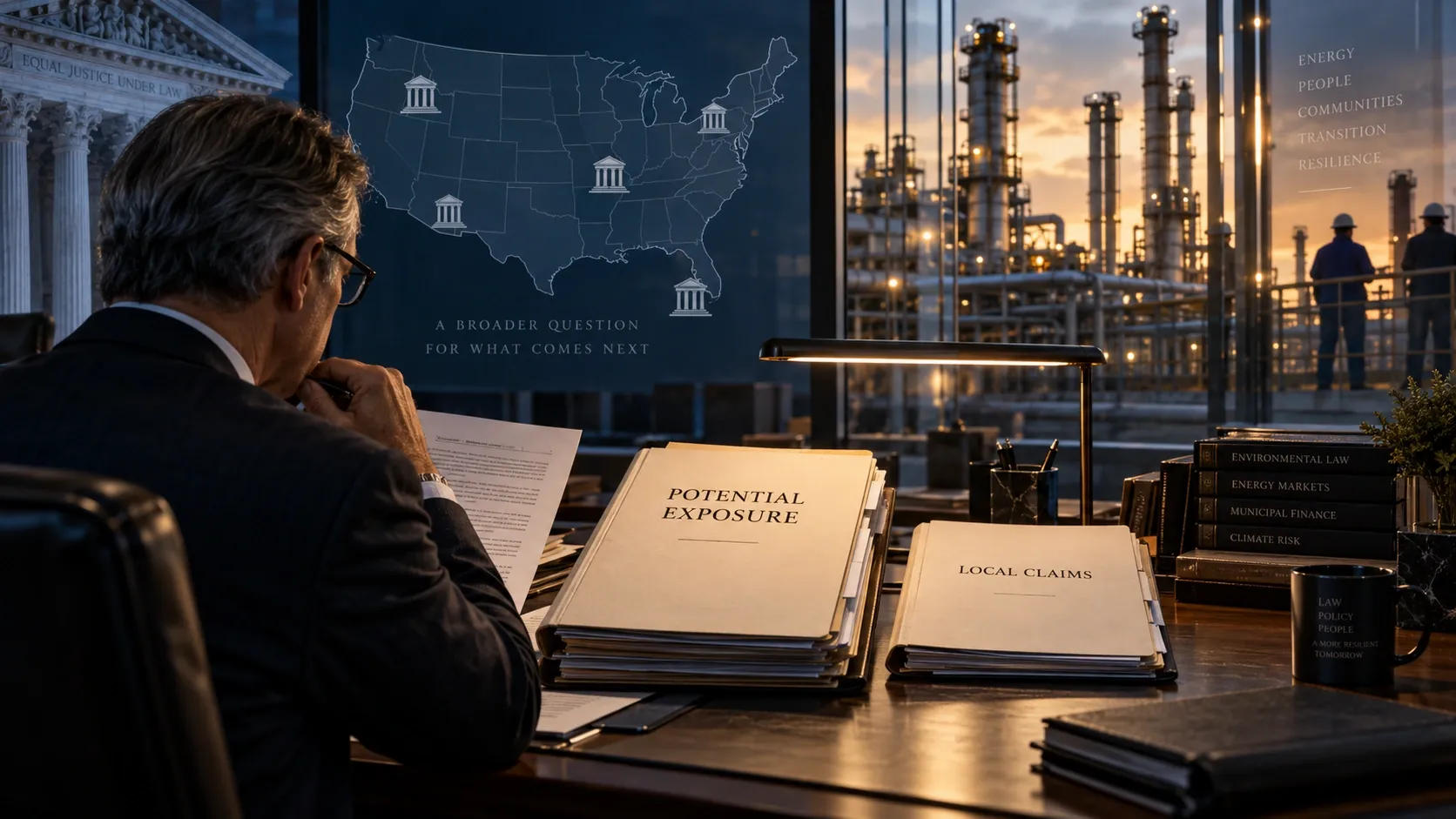 Conceptual editorial illustration of possible wider municipal litigation and energy-sector financial exposure.
