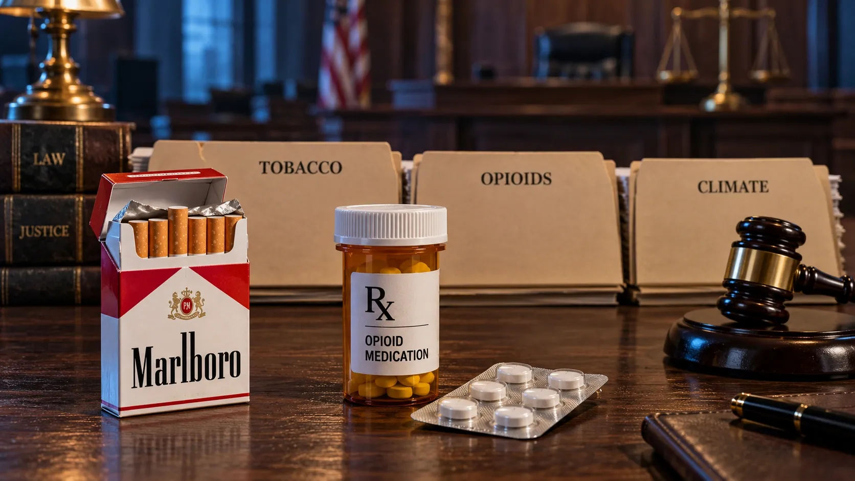 Editorial legal still life comparing tobacco, opioid and climate litigation, with an open Marlboro pack and generic prescription-medication props.