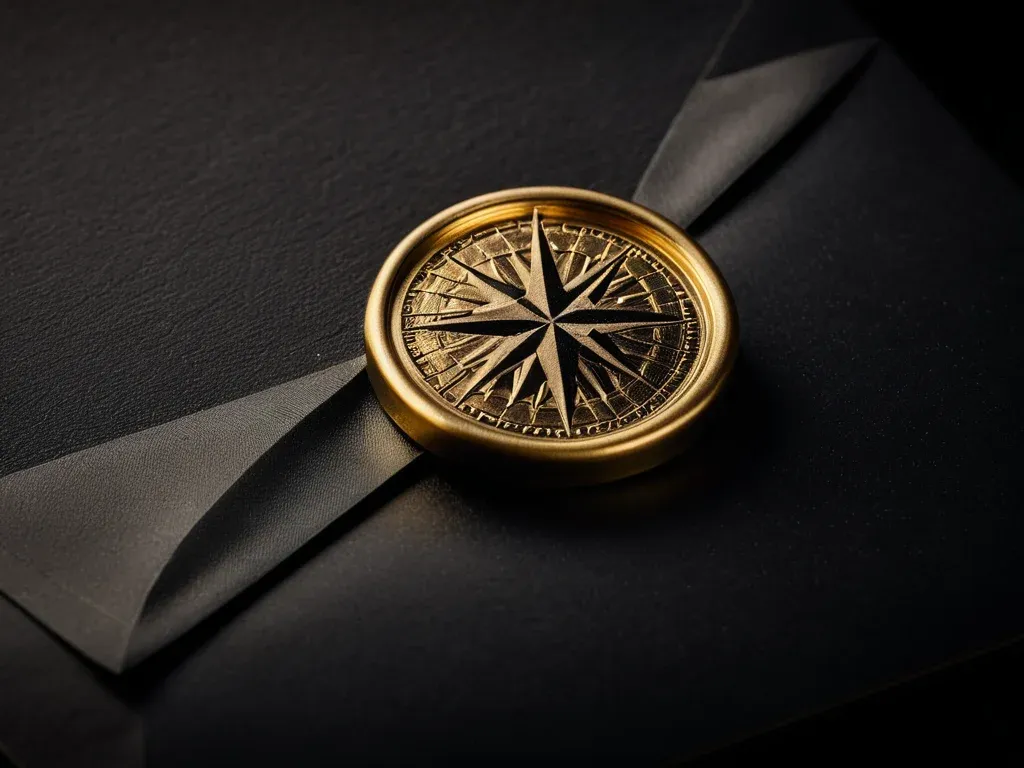 A black envelope closed with a gold seal