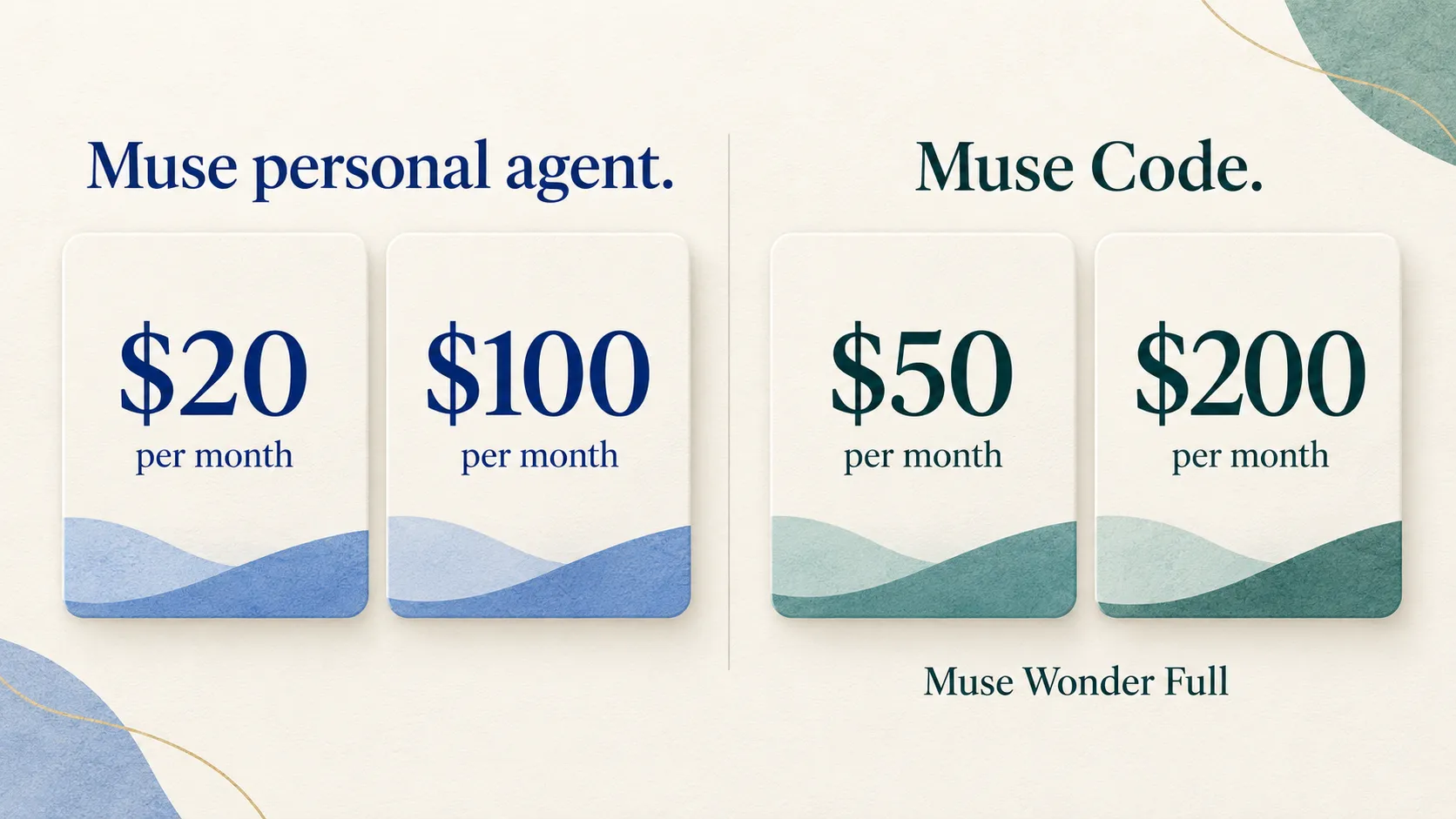 Muse personal agent subscriptions cost $20 or $100 per month, while Muse Code offers access to Muse Wonder Full for $50 or $200 per month.