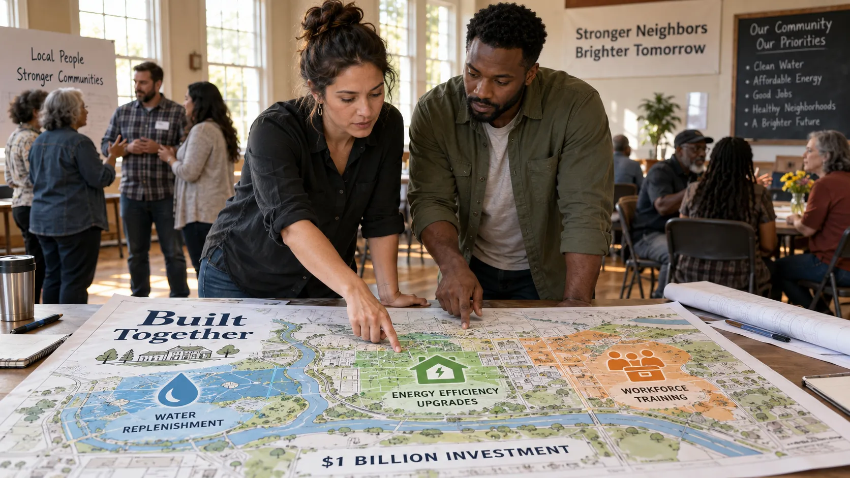 Residents review a schematic of Amazon's 'Built Together' program in a Salem community hall, marking the company's pledge to direct $1 billion toward local workforce, energy, and water initiatives.
