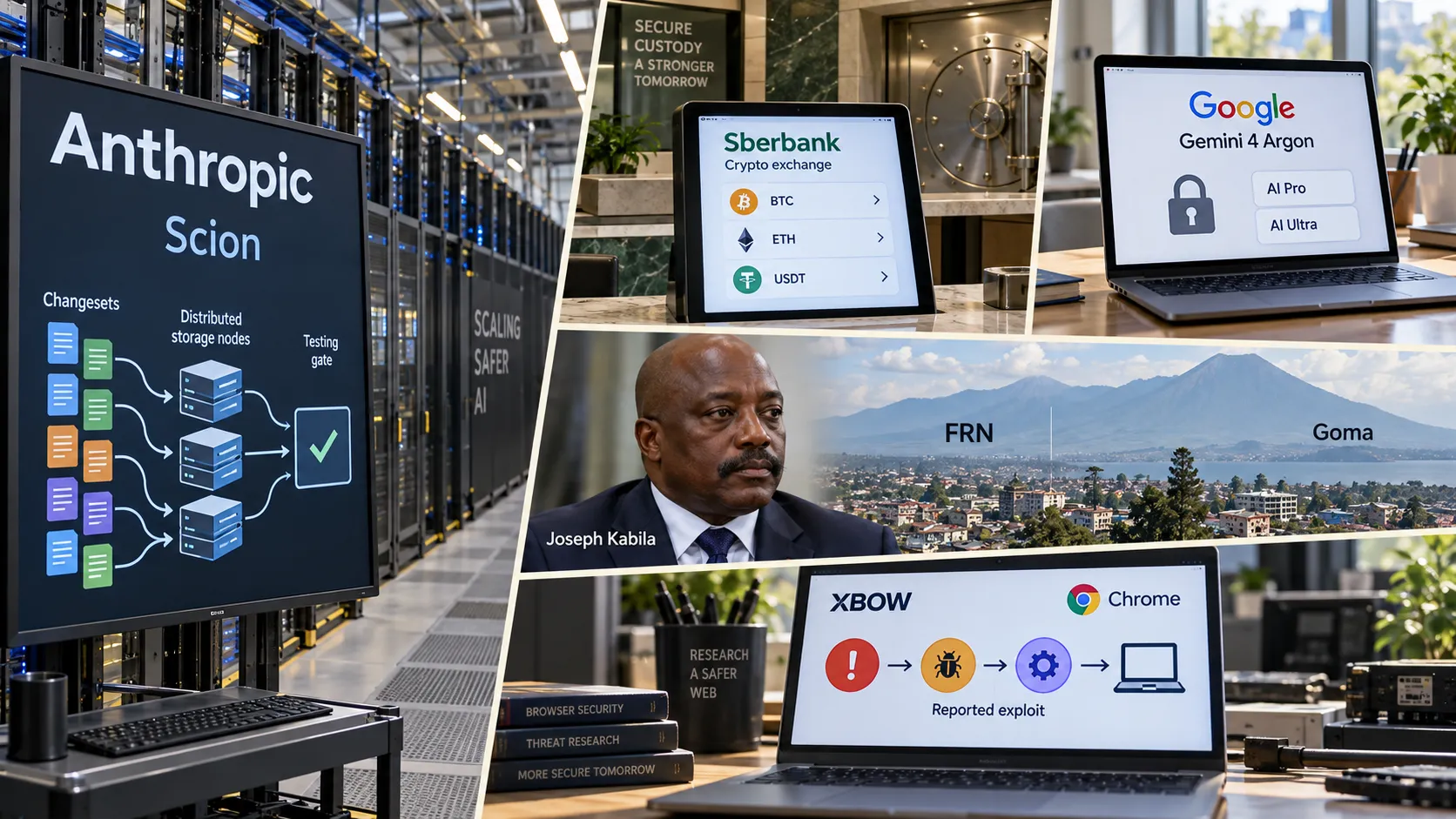 Regulated crypto trading, expanded paid AI access, agent-scale development, a new rebel coalition in the DRC, and a reported automated Chrome exploit mark this edition’s five signals.