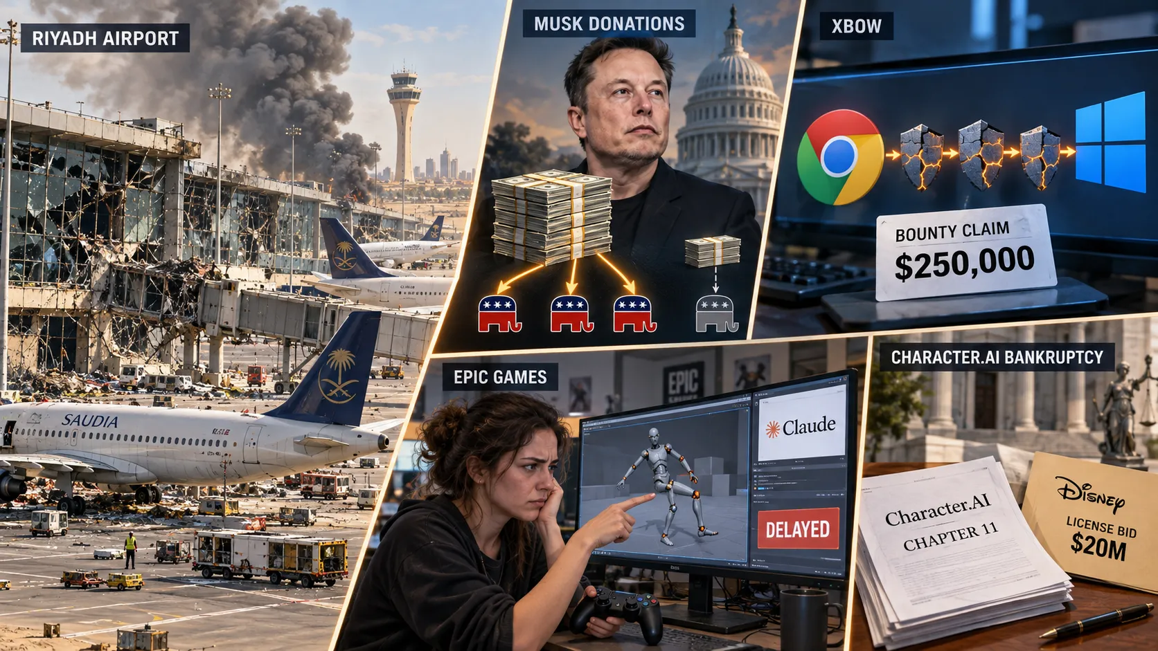 Airport strikes, unequal election funding, an AI exploit claim, Epic’s production delays and Character.AI’s bankruptcy converge in this edition’s account of institutions under pressure.
