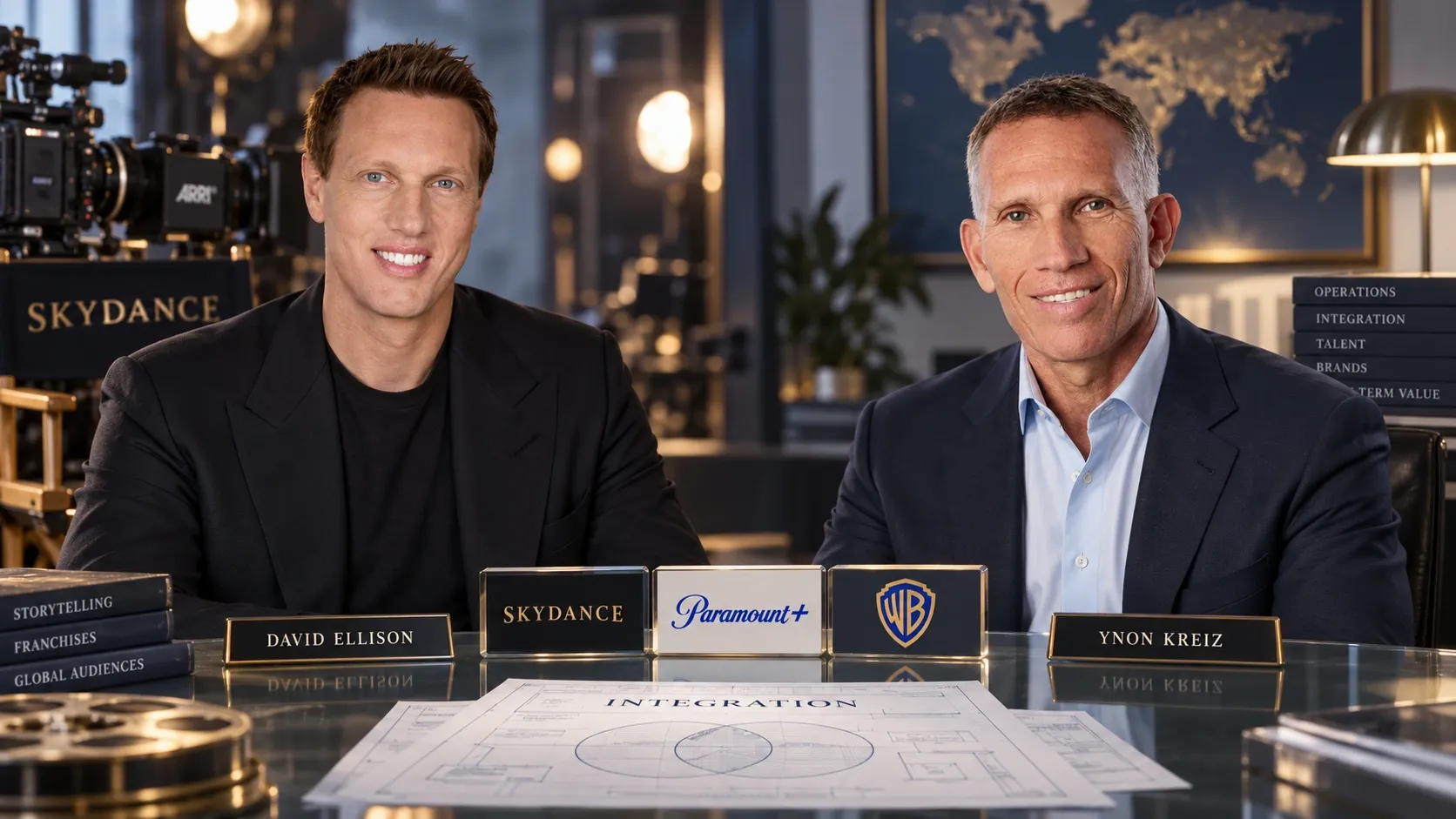 Editorial portrait composition of David Ellison and Ynon Kreiz with media-brand plaques and an integration plan.