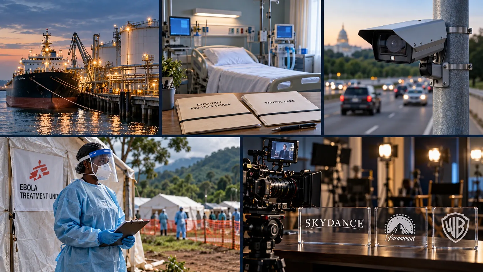 Five distinct Evening Brief panels: diesel reserves, Tennessee care and protocol review, license-plate surveillance, Congo Ebola response, and Skydance media consolidation.
