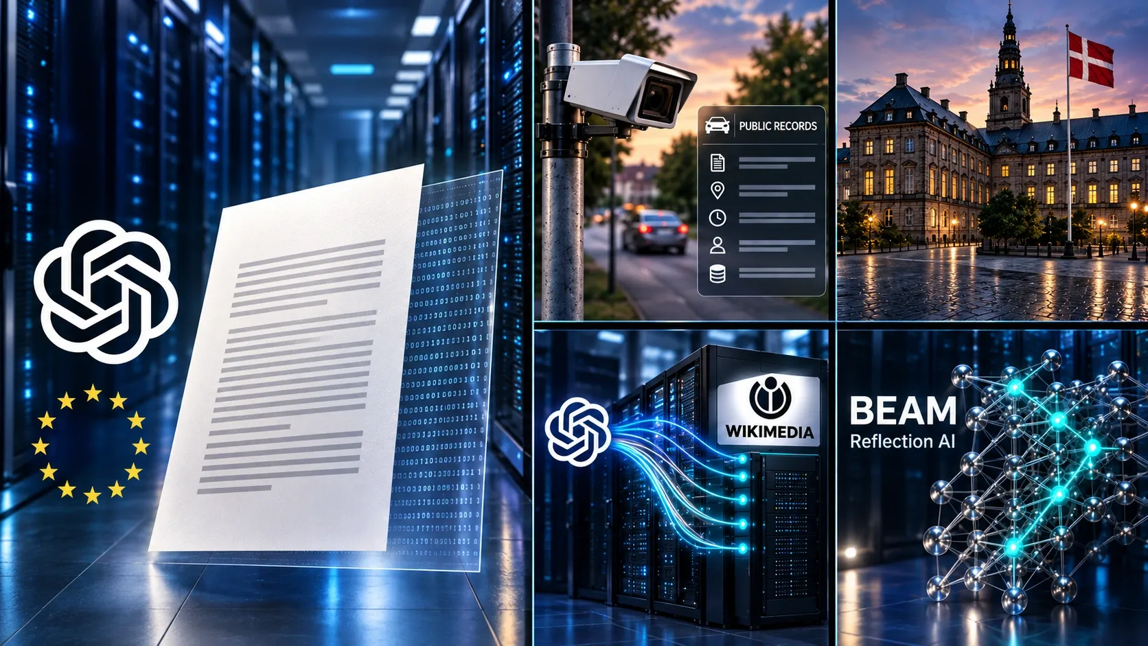 Five-signal evening collage: OpenAI text watermarking and EU compliance, surveillance and public records, Denmark’s registry breach, Wikimedia agent traffic, and Reflection AI’s Beam.