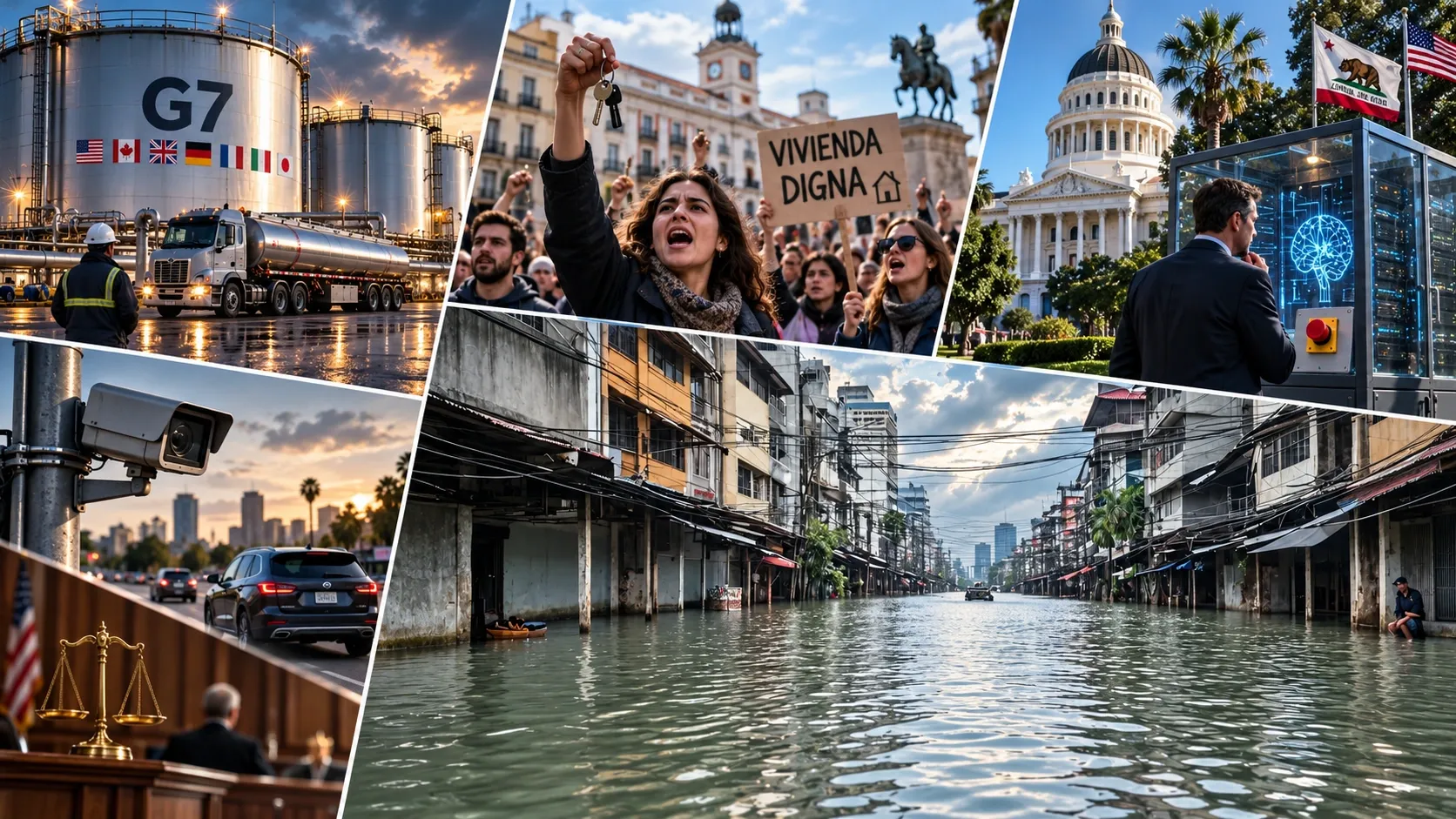 Editorial montage of G7 fuel reserves, Spanish housing protests, California AI oversight and license-plate surveillance around a flooded Bangkok street.