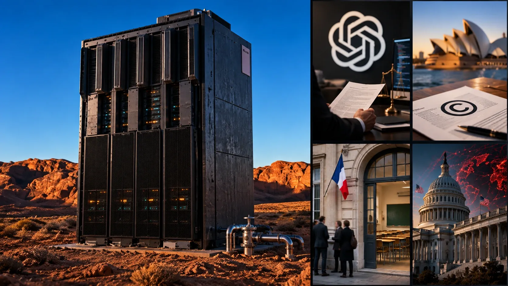 Five-signal editorial collage: a detailed server tower in the same red-rock desert, with separate security, Australian copyright, French education, and federal cyber-breach vignettes.