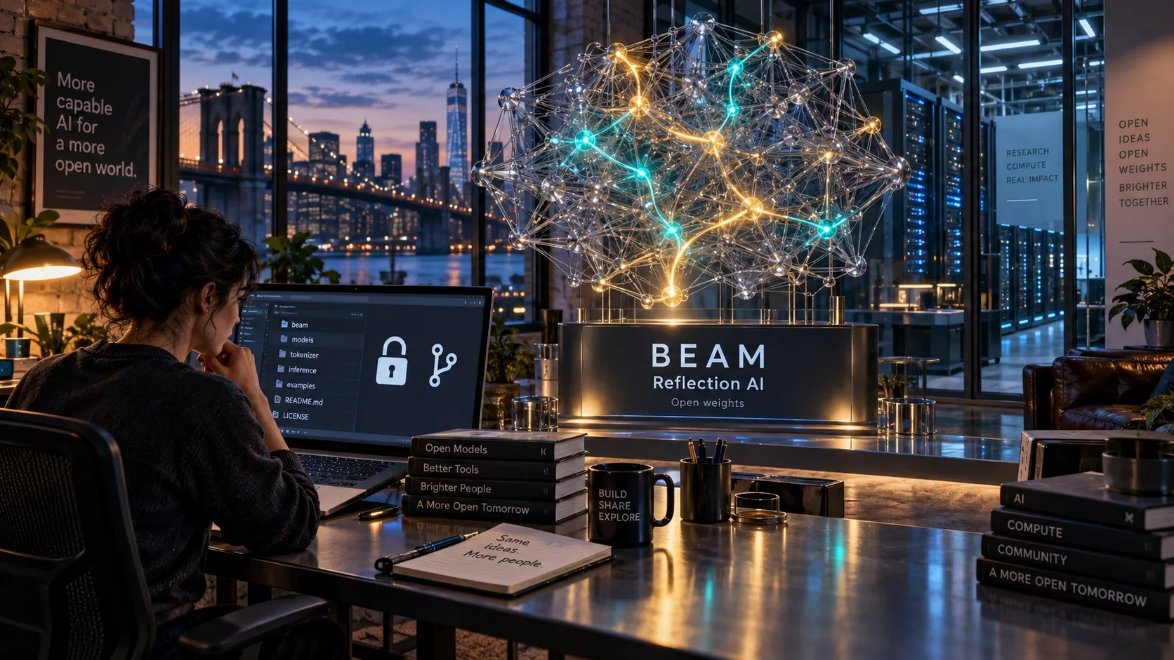 Editorial visualization of Beam: a developer explores open model weights while a sparse neural lattice lights only selected routing paths.