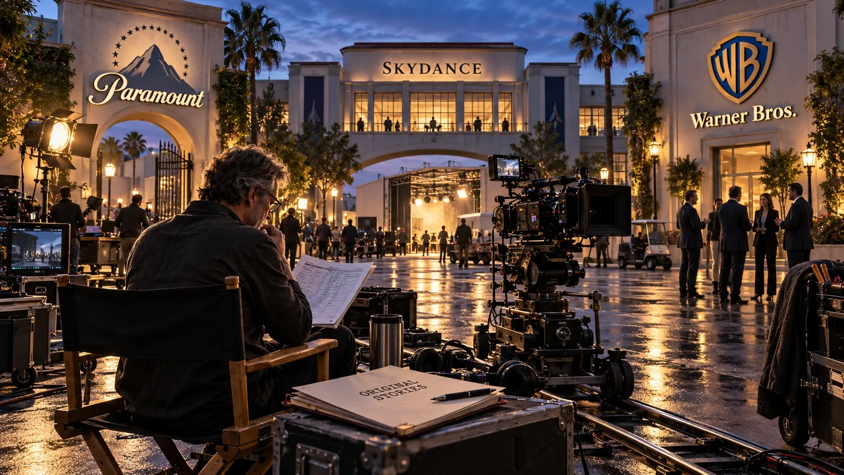 Conceptual editorial illustration of Paramount and Warner Bros. under Skydance, with filmmakers and original stories at the center of Hollywood’s consolidation.