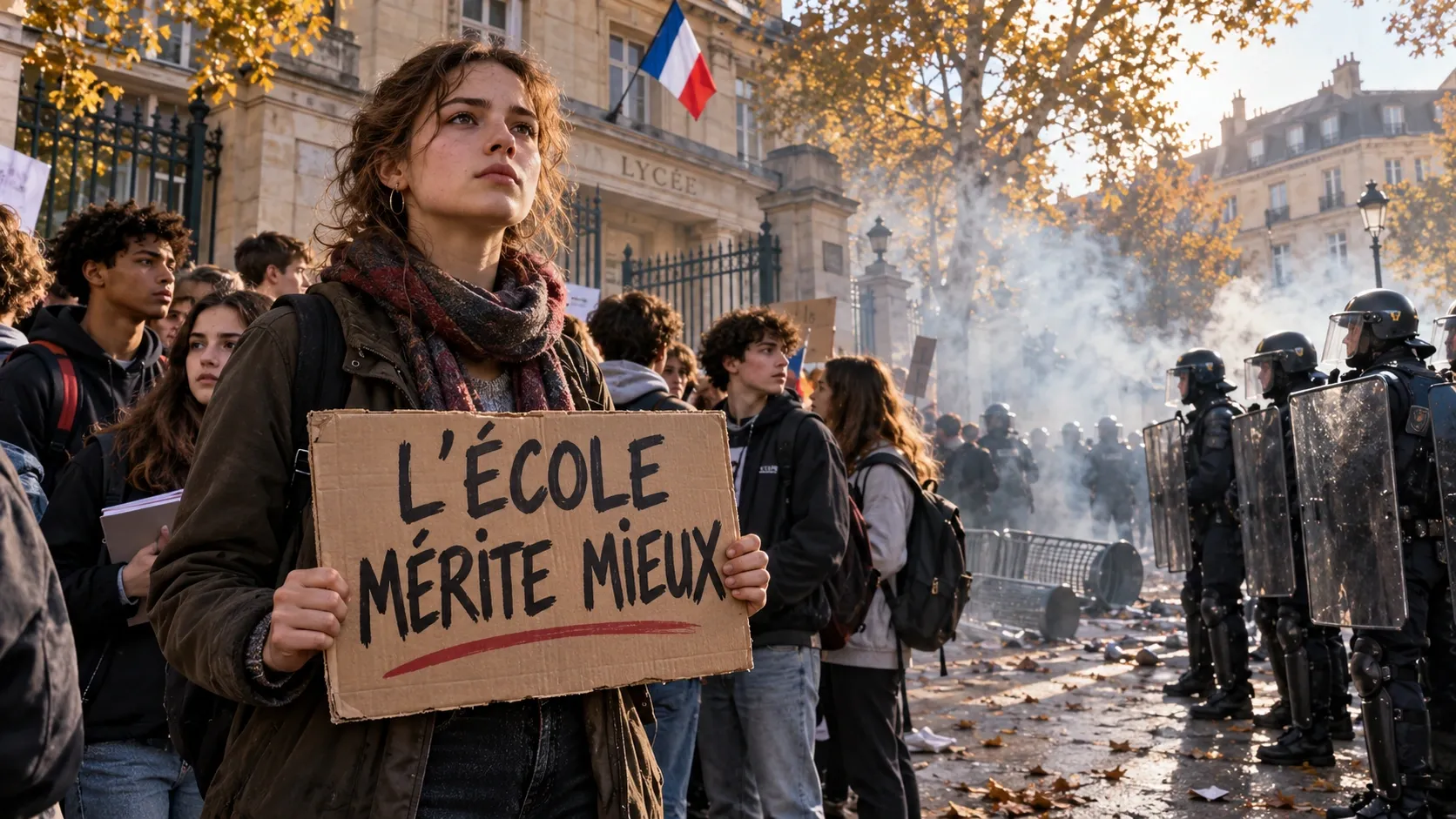 Editorial illustration of French students demanding better education outside a lycée, facing a line of riot police amid smoke.