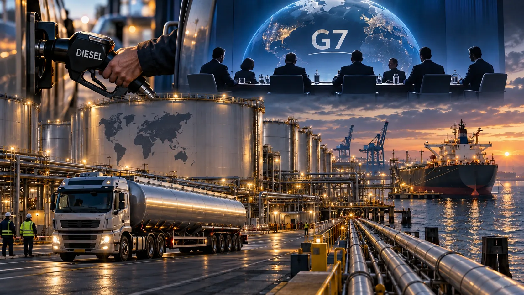 Editorial montage of G7 diplomatic coordination, emergency fuel reserves, a diesel pump and tanker logistics.