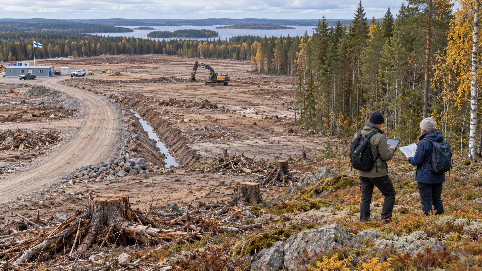 Editorial illustration of a cleared Finnish development site beside intact forest, with surveyors examining its environmental footprint.