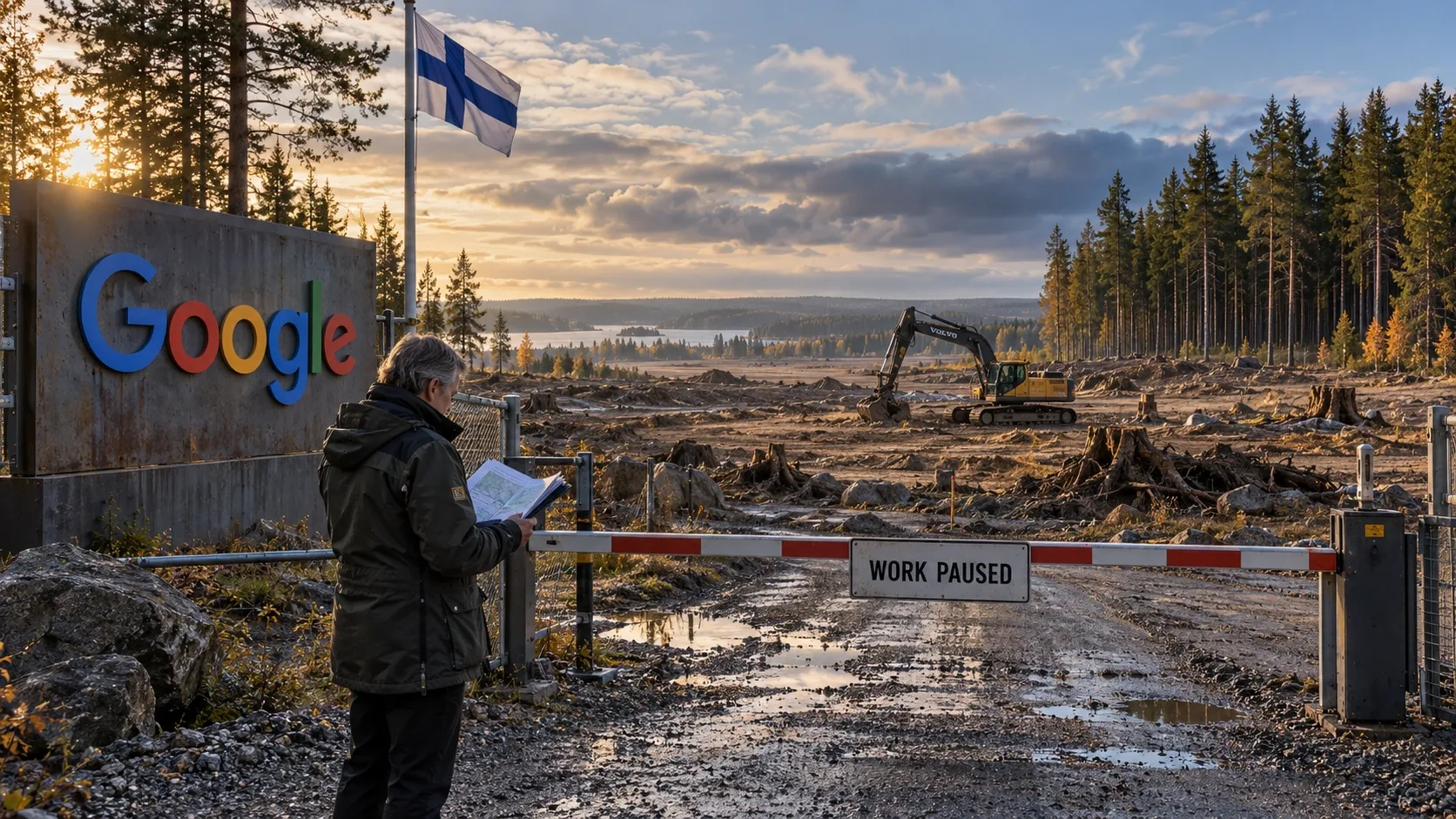 Editorial illustration: Google’s planned Finnish data-center development pauses at the forest boundary while environmental assessments are reviewed.