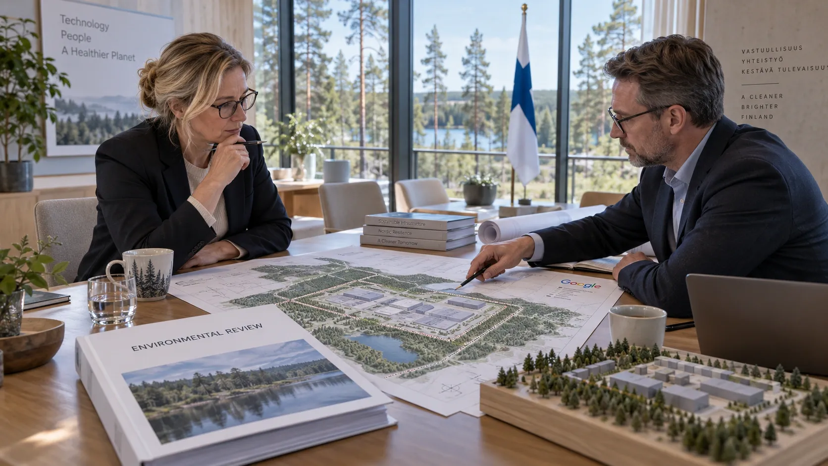 Editorial illustration of environmental review for a proposed Finnish data-center campus, with plans, a model and the Finnish flag.
