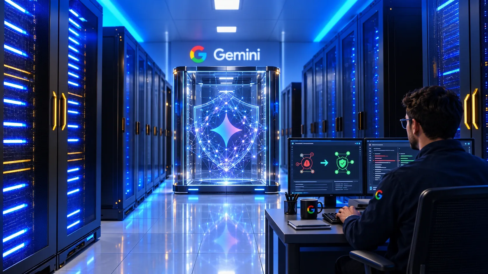 Editorial visualization of Gemini inside layered security boundaries, with a cyber defender reviewing vulnerability remediation in a Google-branded data center.