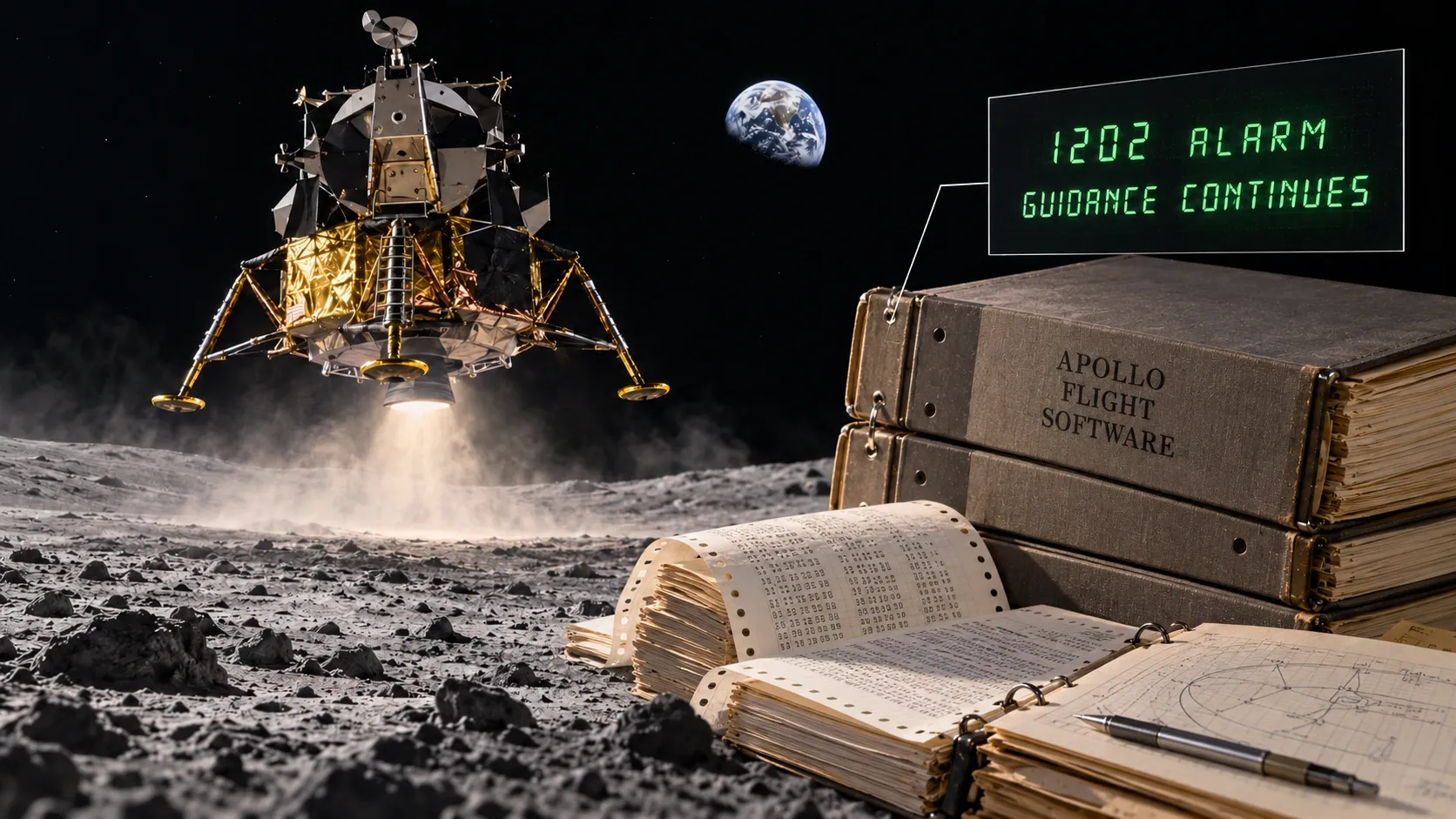 Conceptual illustration: During Apollo 11’s landing, priority-driven software preserved essential work despite computer overload. Hamilton and her team helped make recovery part of the system’s design.