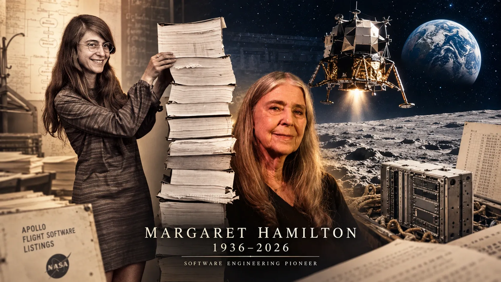 Commemorative illustration: Margaret Hamilton across her career, Apollo software listings and the lunar exploration her teams helped make possible.