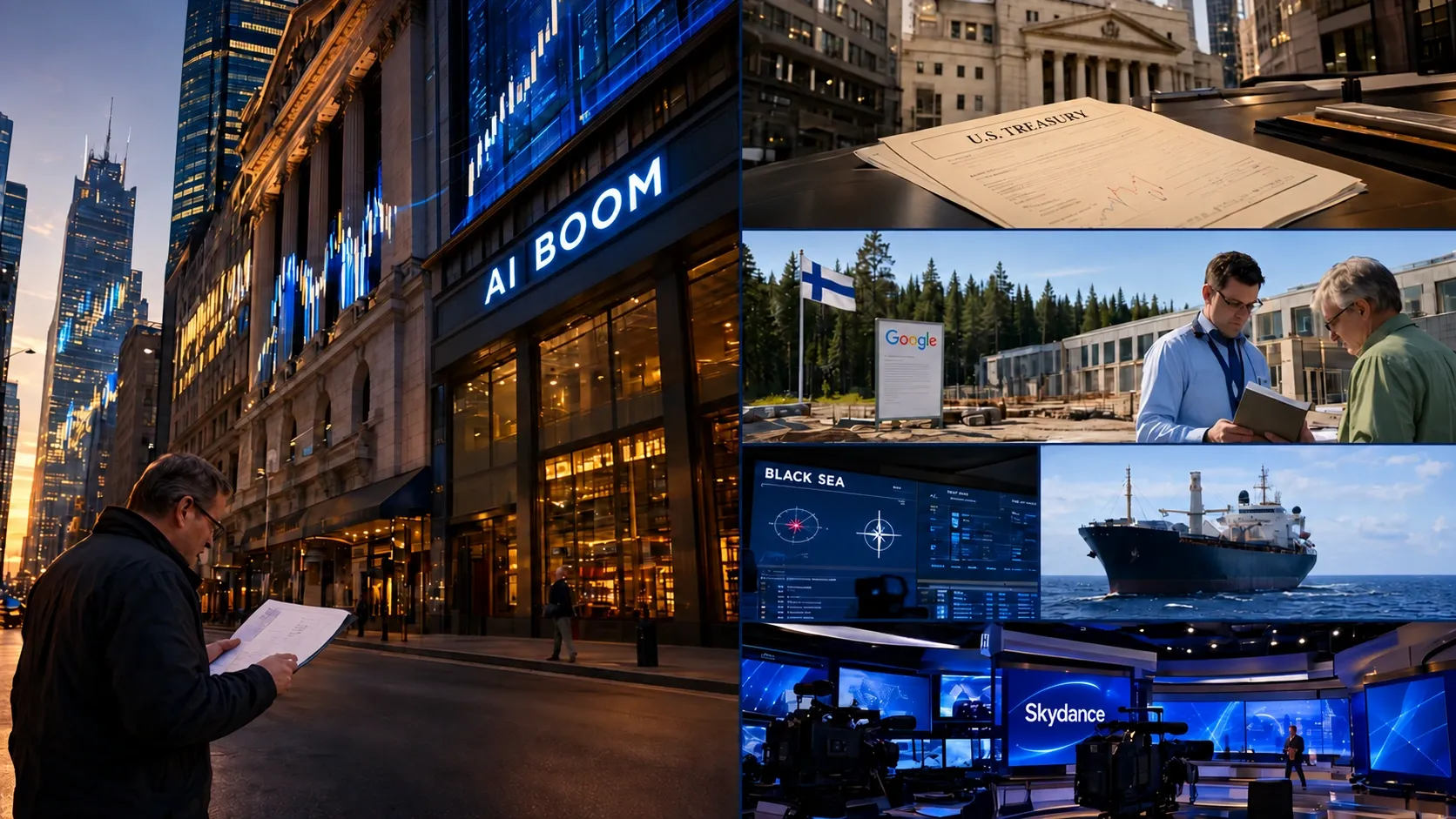 Editorial collage: the AI market boom, Treasury yield pressure, Finland’s data-center review, Black Sea shipping security and Skydance media consolidation.