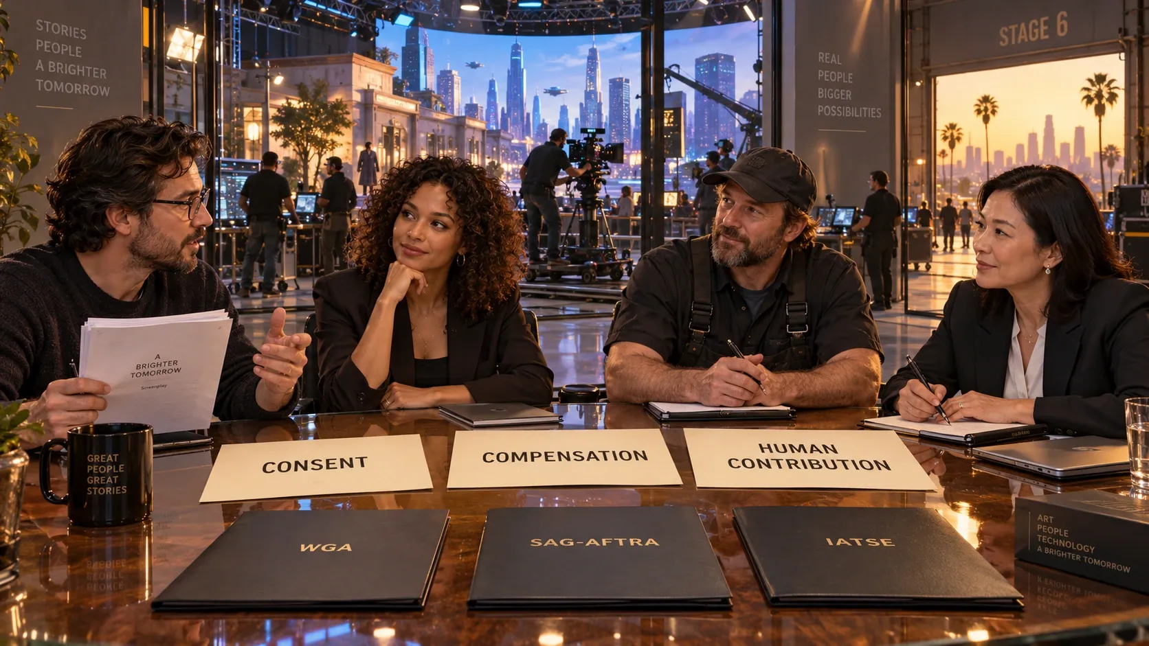 Conceptual Hollywood bargaining table with a writer, performer and production worker discussing consent, compensation and human contribution.