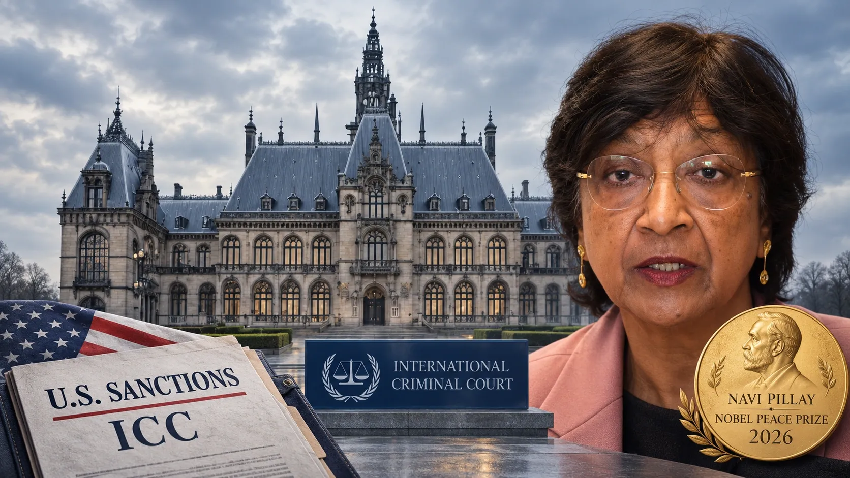 Conceptual montage: Navi Pillay’s Nobel recognition and U.S. sanctions against the ICC, framed by symbolic court architecture.
