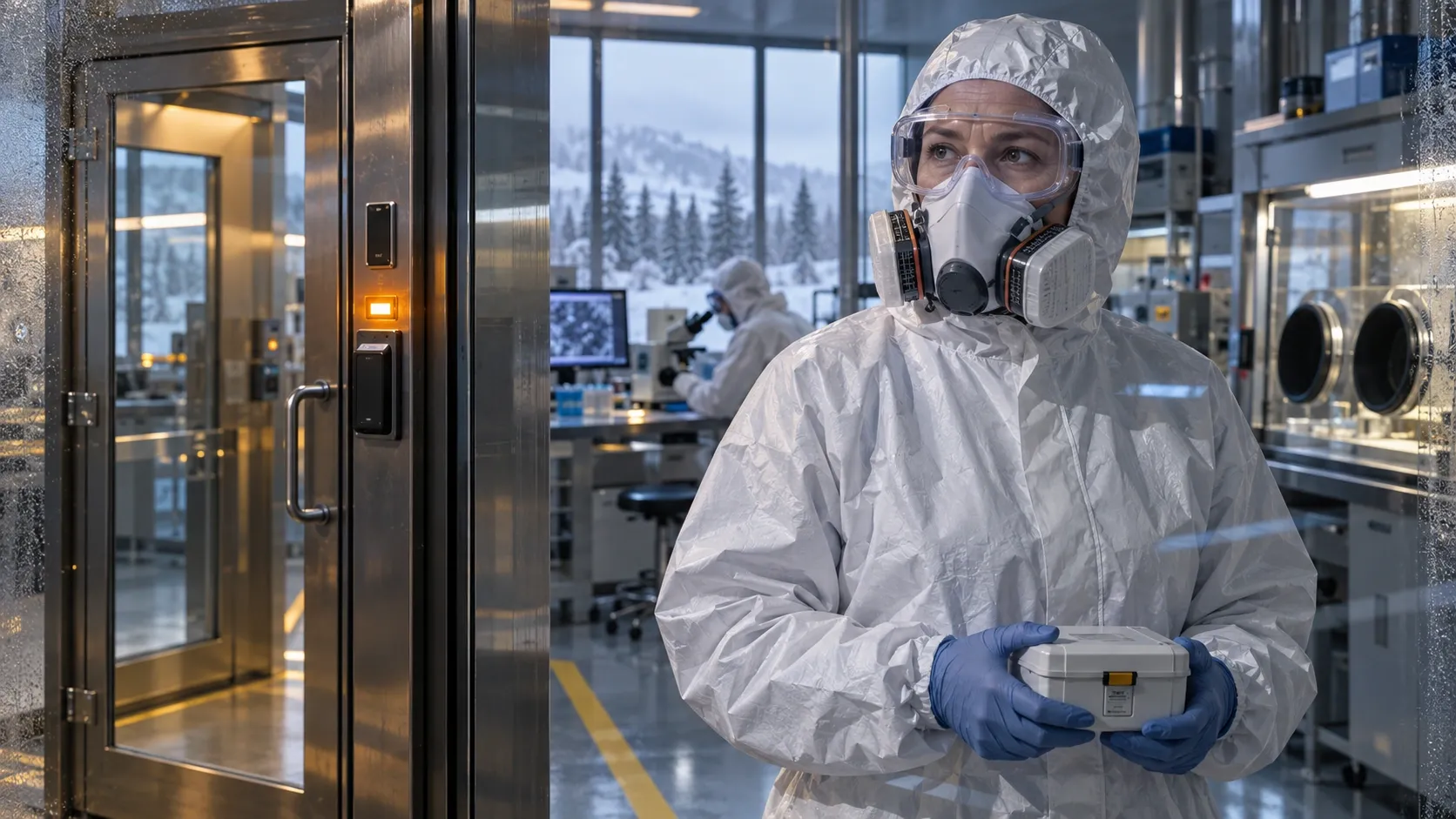 Editorial illustration of an anonymous protected researcher behind a controlled-access laboratory partition, holding a sealed case as colleagues investigate an unexplained illness.