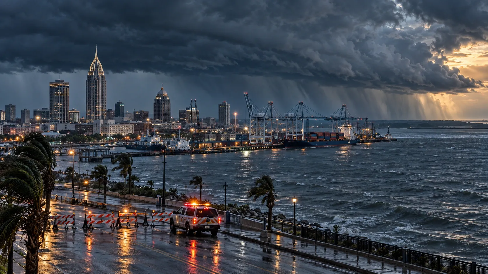 Conceptual illustration: Severe weather over Mobile’s waterfront and port, with restricted road access and emergency response during Hurricane Isaias.
