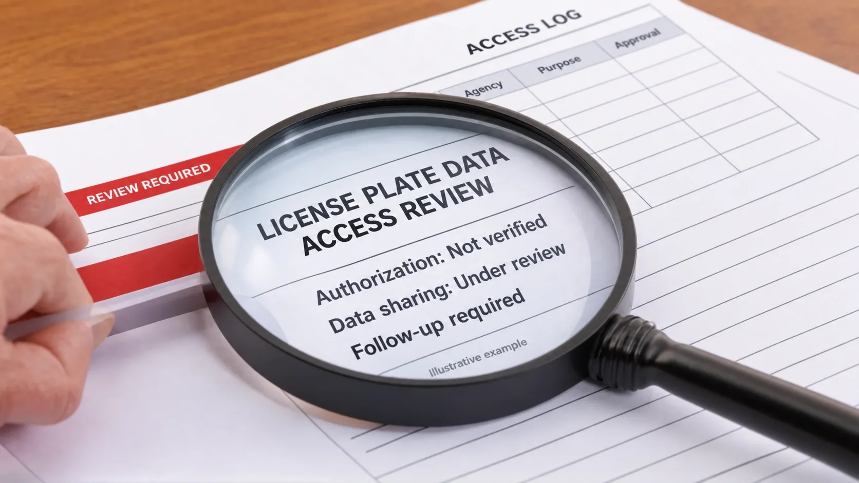 Illustrative license-plate data access review under a magnifying glass, with readable authorization and data-sharing findings.