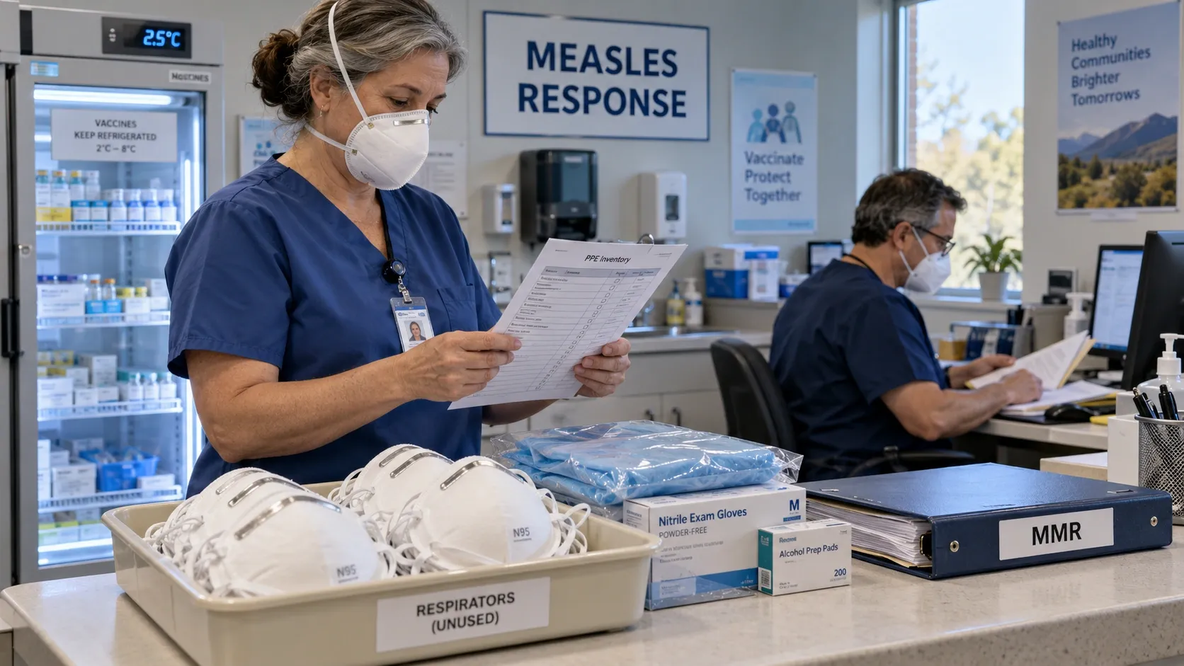 Editorial illustration of clinicians preparing respirators, infection-control supplies and MMR vaccination records for a measles response.
