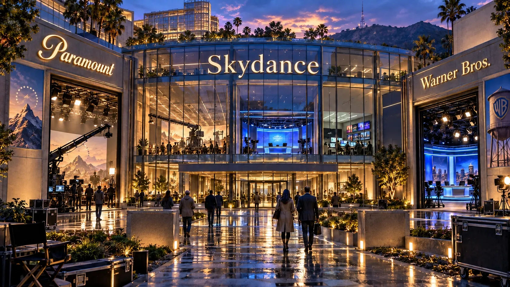 Conceptual editorial illustration of Skydance’s consolidated Paramount and Warner Bros. portfolio spanning film, broadcast news and streaming.