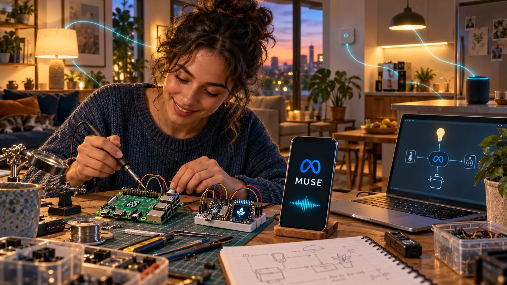 Concept illustration of a maker building Muse-connected prototypes with a Raspberry Pi, sensors and smart-home devices.