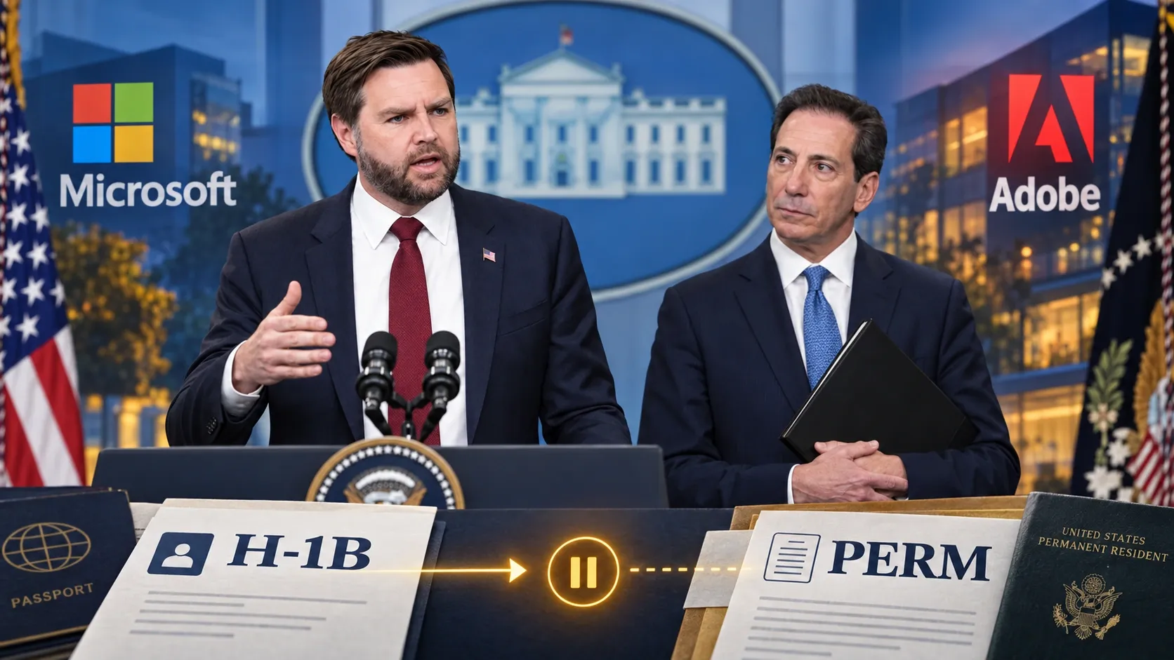 Editorial illustration of JD Vance and Keith Sonderling, Microsoft and Adobe branding, and H-1B/PERM documents showing the pause in green-card labor certification.