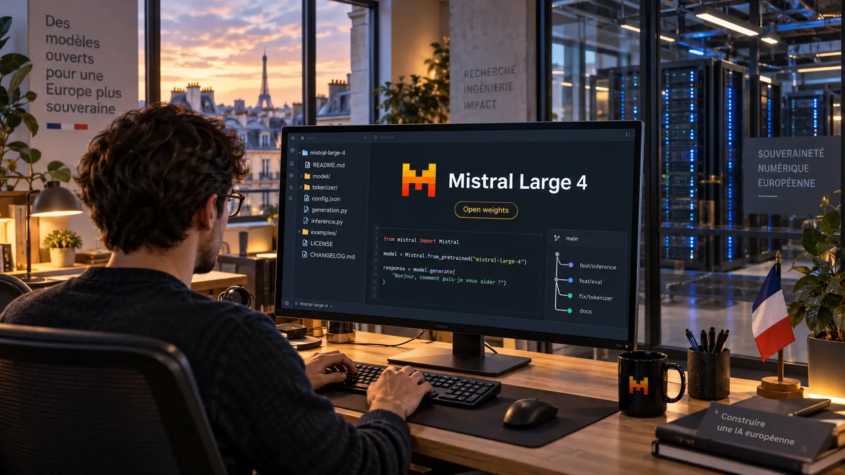 Editorial illustration of an engineer working with Mistral Large 4, open model weights and European-hosted computing infrastructure.