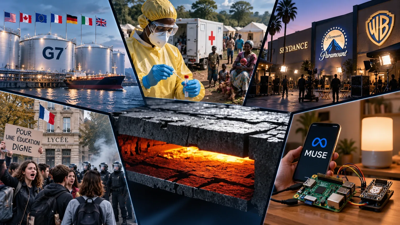 Editorial montage of energy reserves, Congo outbreak response, media consolidation, French student protests and Muse hardware, around a fractured-beam motif.