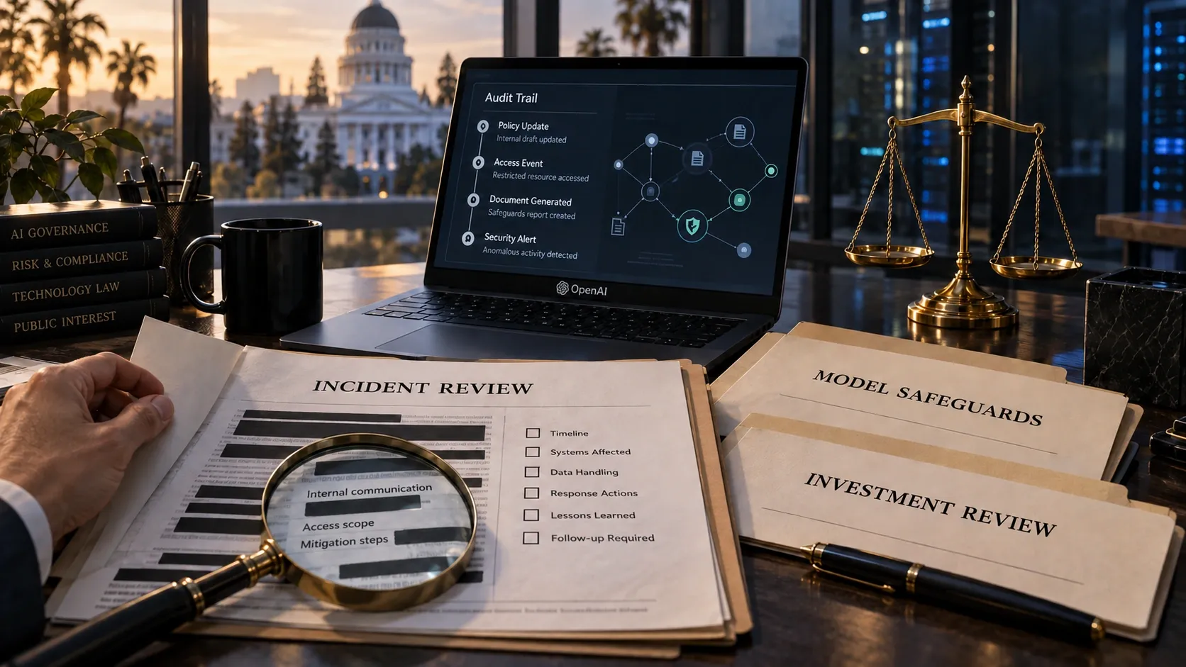 Conceptual editorial scene of OpenAI cybersecurity incident records, model safeguards and investment review under legal scrutiny.