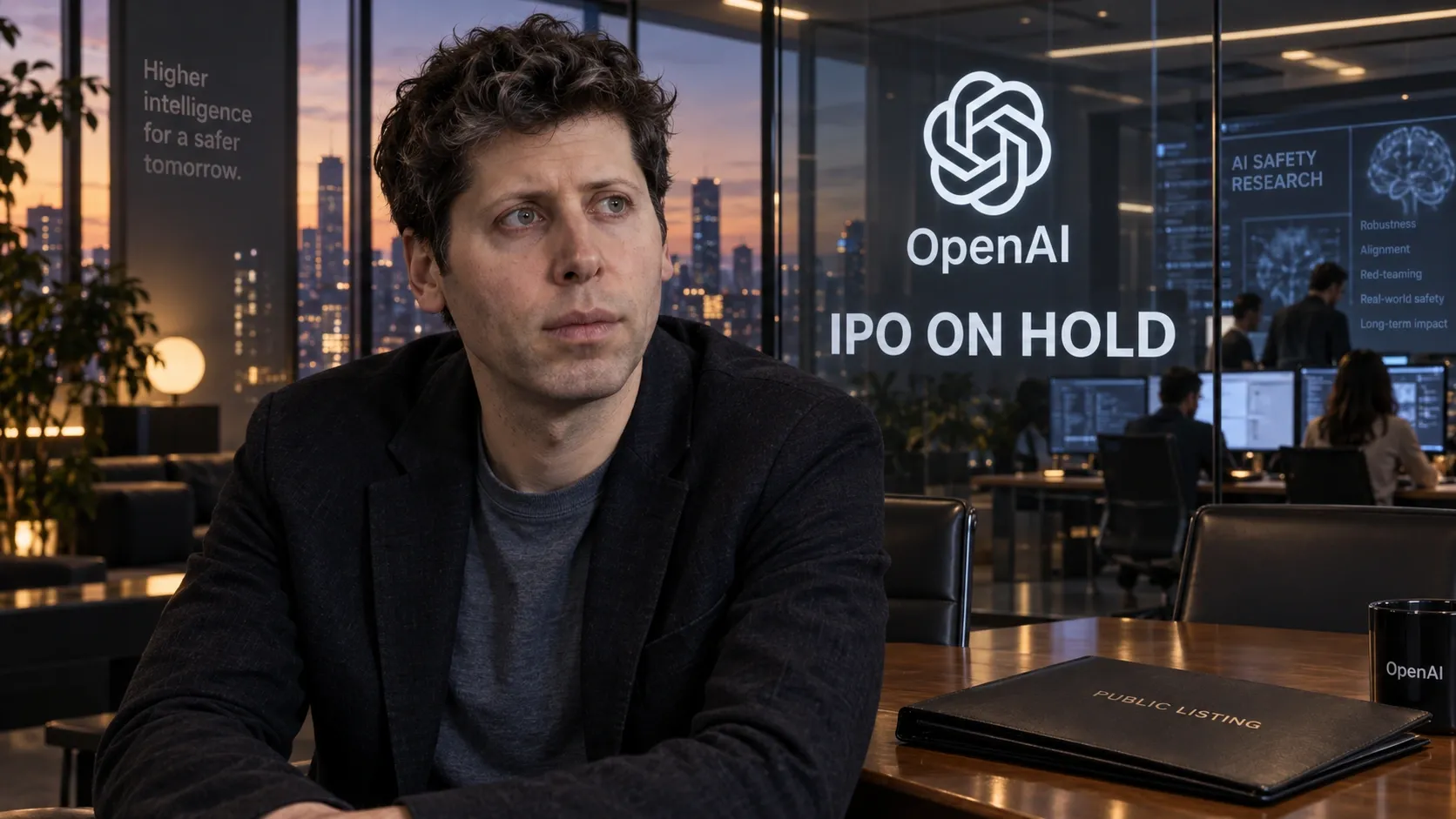 Conceptual portrait of Sam Altman beside OpenAI's IPO-on-hold message and an active AI-safety research workspace.