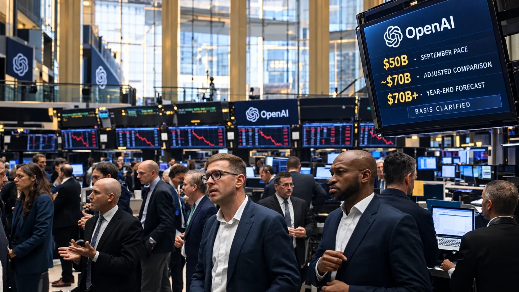 Conceptual illustration: OpenAI’s September revenue pace, adjusted comparison and year-end forecast are distinguished as traders assess the reporting clarification.
