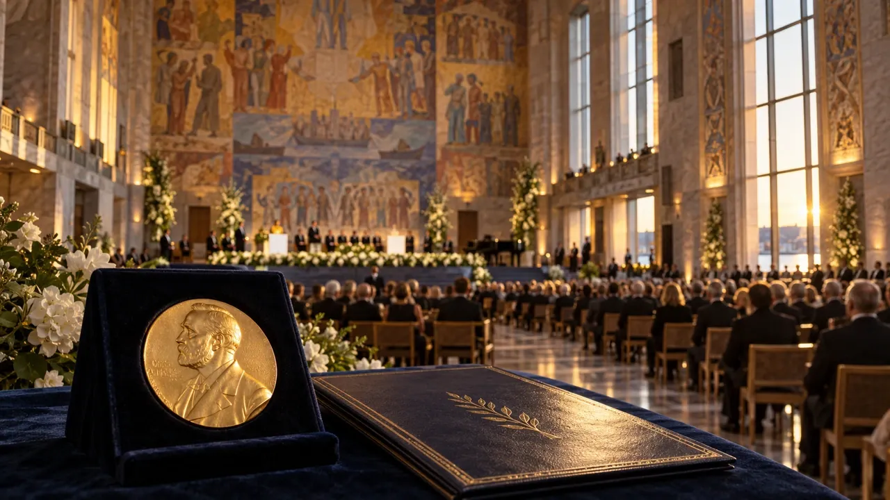 The Nobel Peace Prize ceremony in Oslo City Hall: the gold medal and the laureate's diploma in the foreground, the hall's murals and assembled guests beyond.
