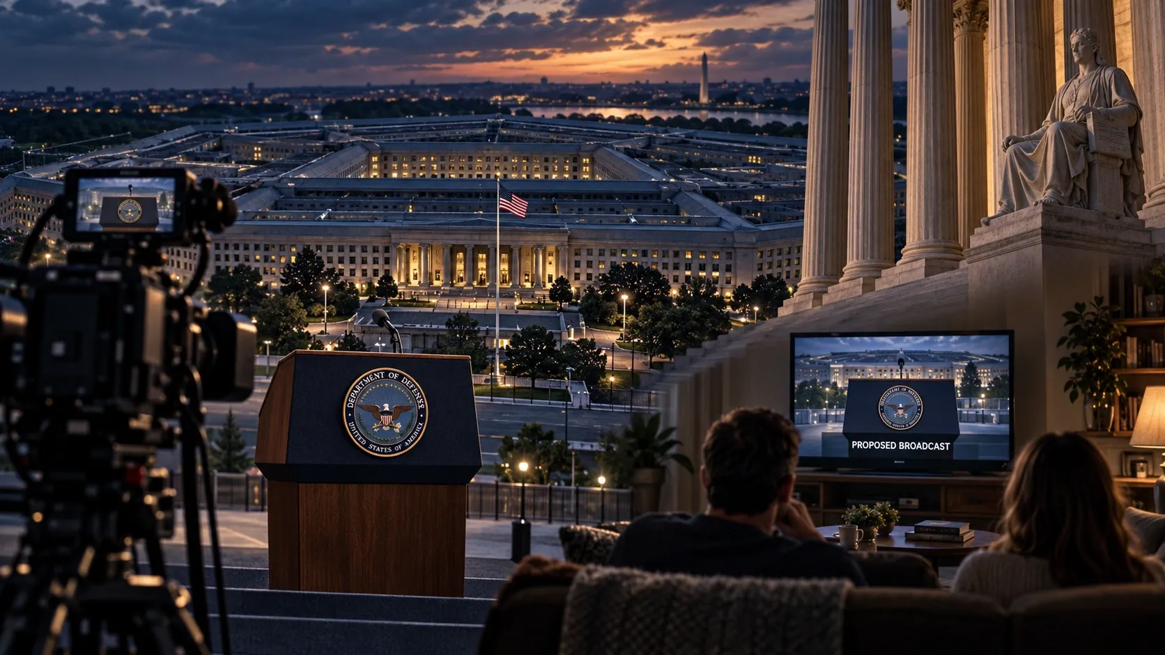 Conceptual illustration: Pentagon authority, judicial scrutiny and public audiences frame the proposed broadcast of a military execution.