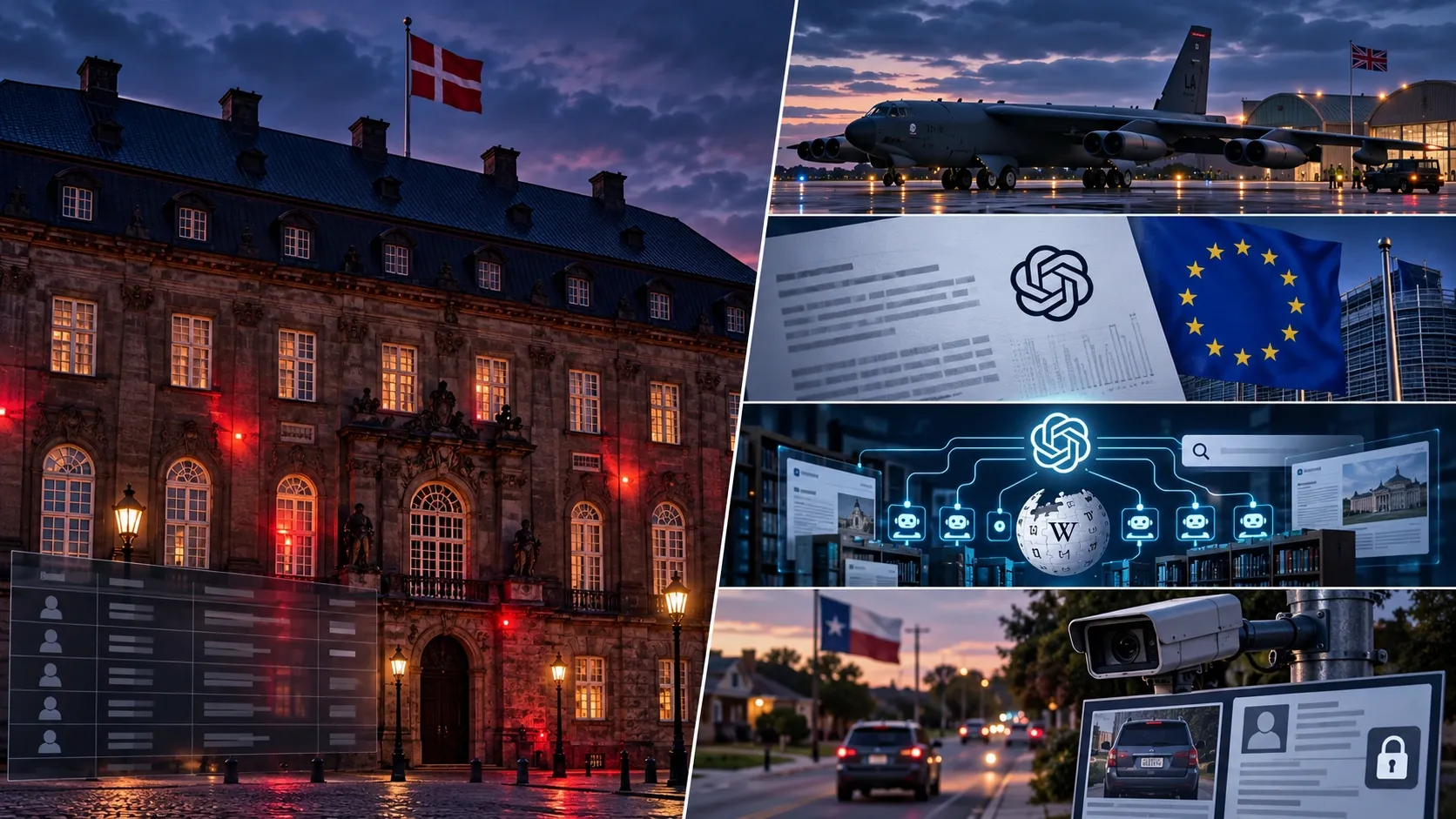 Five-topic editorial mosaic: Denmark’s registry breach, US bombers at a British airfield, OpenAI text watermarking and EU compliance, Wikimedia agent traffic, and Flock surveillance privacy.