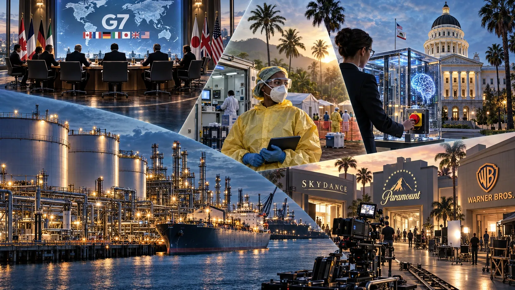 Editorial panorama of energy reserves, G7 diplomacy, Congo outbreak response, California AI oversight and the Skydance–Paramount–Warner Bros. media merger.
