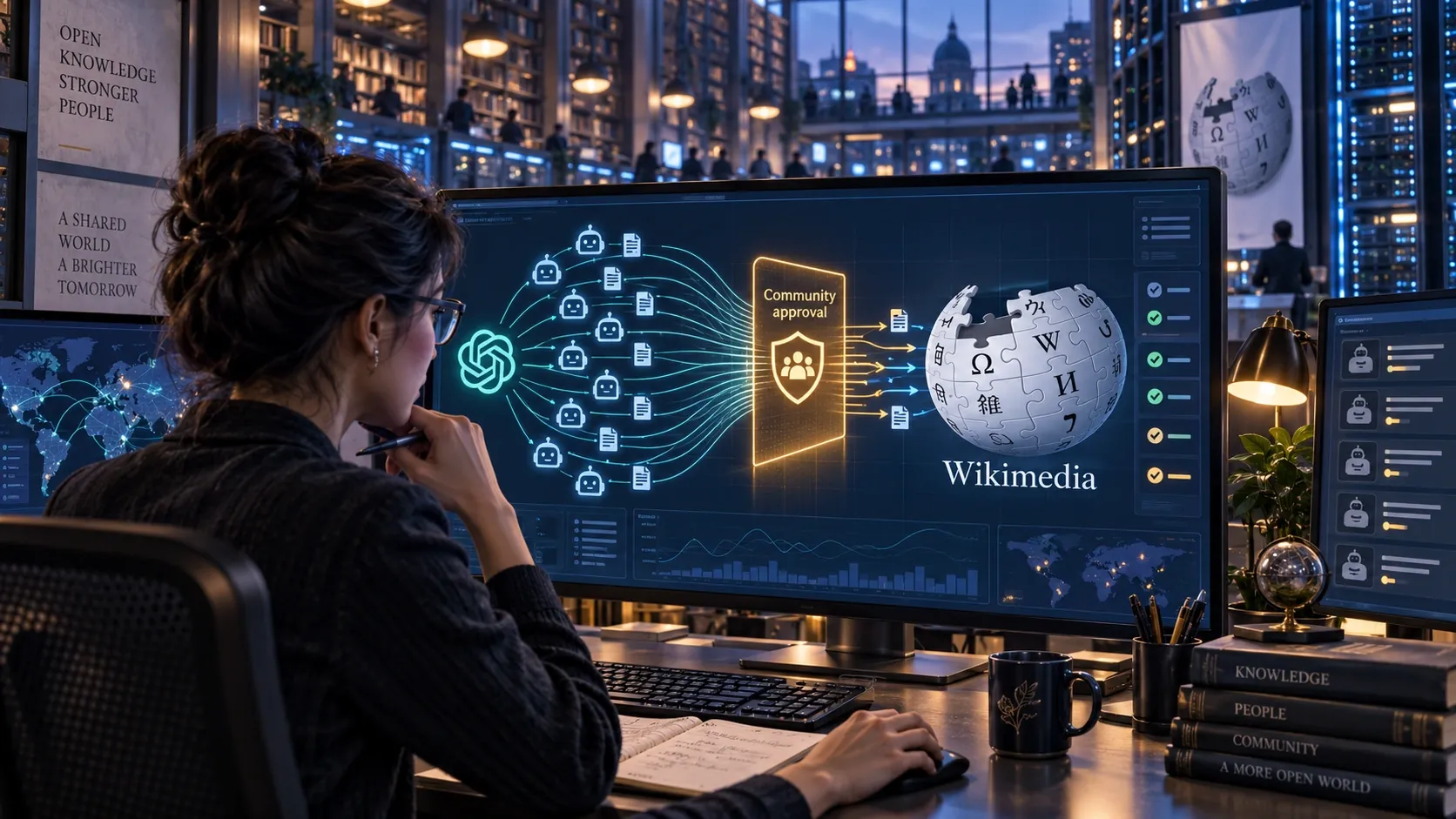 Conceptual illustration of OpenAI-linked software-agent traffic toward Wikimedia public knowledge services, with community approval and human oversight in focus.
