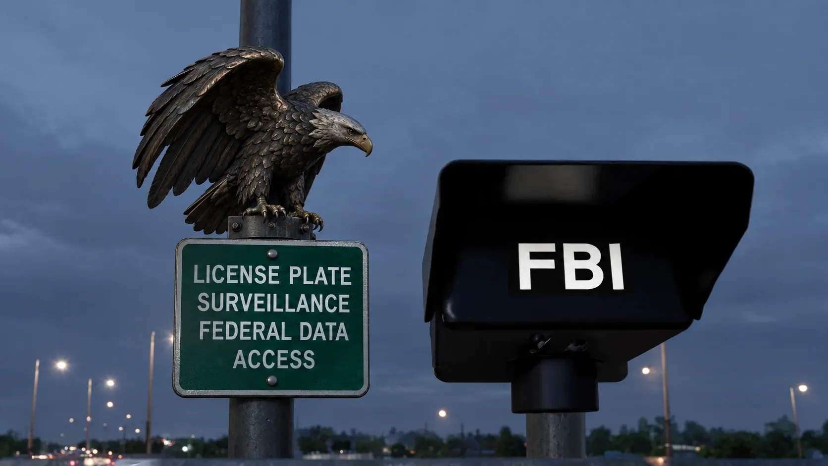 Signal 3: Federal Surveillance Aggregation vs. Municipal Autonomy. Symbolic license-plate surveillance with a watchful eagle and federal camera.