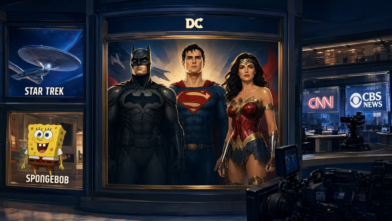Editorial portfolio illustration juxtaposing DC heroes, Star Trek, SpongeBob and CNN/CBS newsrooms.